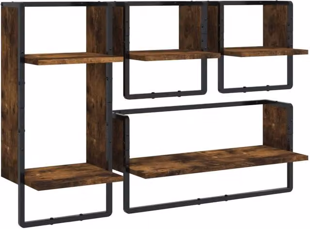 Berkfield Home 4 Piece Smoked Oak Wall Shelf Set with Hanging Rods in Brown