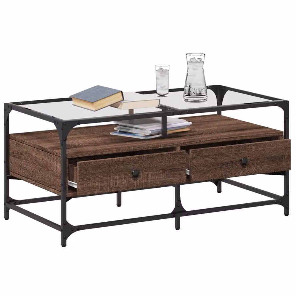 Berkfield Home Industrial Coffee Table with Glass Top and Brown Oak Finish, W/D/H: 98.5 x 50 x 45 cm – 3