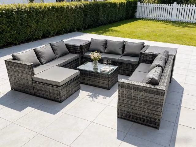 Fimous 10 Seater Rattan U-Shape Garden Lounge Set with Coffee Table and Ottoman in Grey