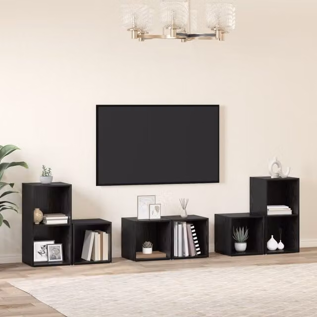 Berkfield Home 6-Piece Black Oak TV Cabinet Set with Storage Shelves in Engineered Wood – 1