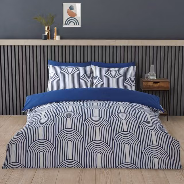 Rapport Home Arches Geometric Blue Polycotton Duvet Set with Pillowcase, W/D/H: 200 x 200 cm and 50 x 75 cm