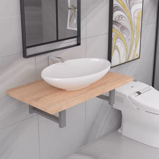 Berkfield Home Two Piece Modern Wall Mounted Bathroom Furniture Set in Brown Glossy Oak and Ceramic