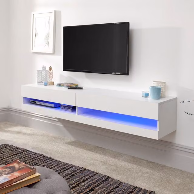 GFW Galicia Wall Mounted Minimalist TV Unit with Integrated LED Lighting in Glossy White, 180cm