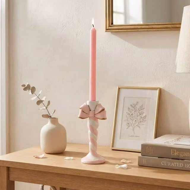 Garden Greatness Candy Cane Bow Taper Candle Holder in Pink, White and Multicolour – 1