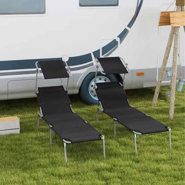 Outsunny Set of 2 Black Foldable Reclining Sun Loungers with Adjustable Awning and Textilene Fabric