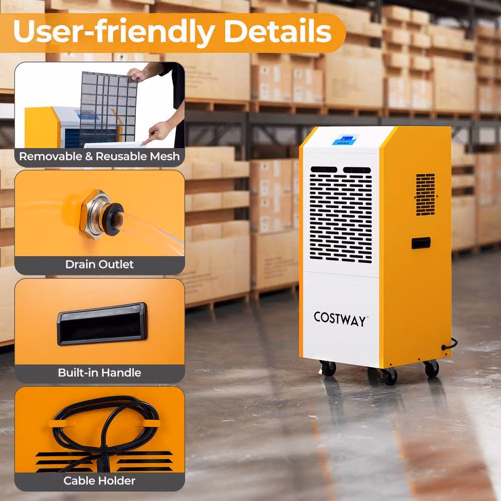 Costway Commercial Industrial Dehumidifier with Pump and Wheels, Yellow – 7