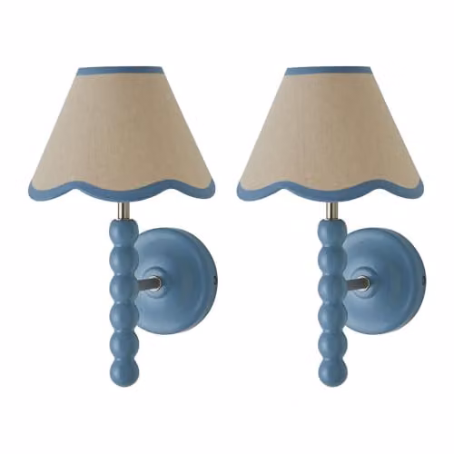 ValueLights Bobbin Pair of Blue and Green Wall Lights with Fabric Cone Shades, Mains Wired – 3