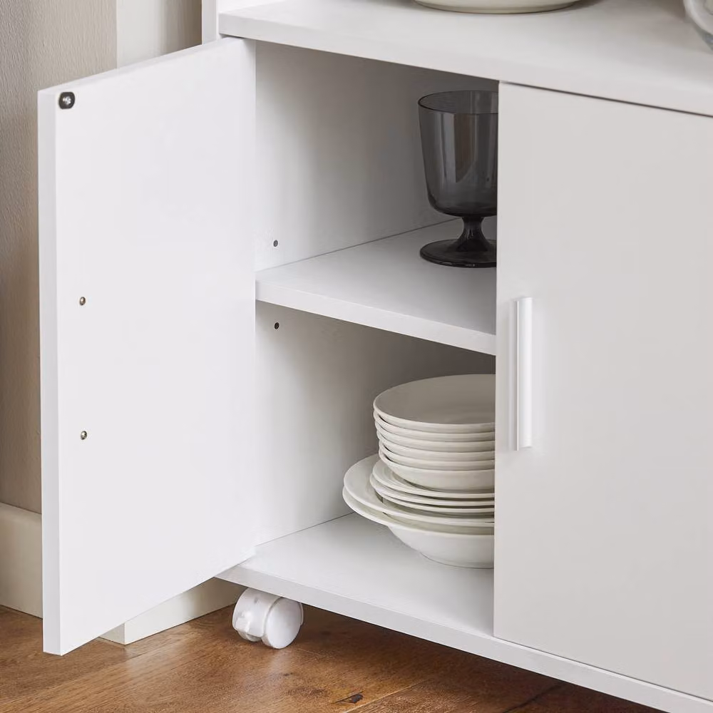 SoBuy Modern Compact Kitchen Trolley with Hinged Doors and Open Shelf in White – 4
