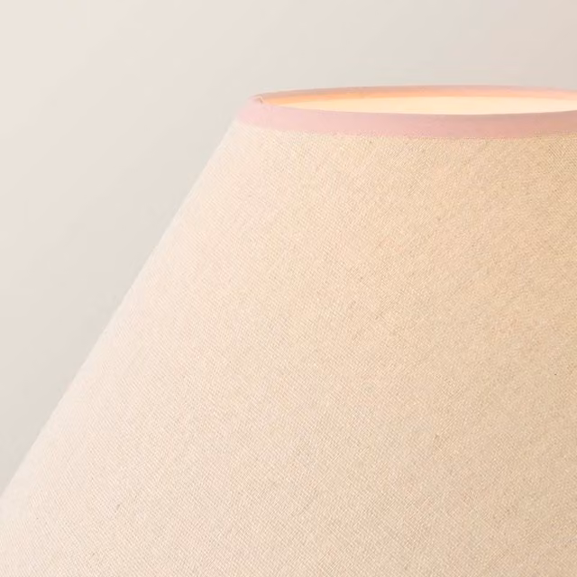 Bobbin Walnut Floor Lamp with Pink Trim Linen Shade in Brown and Beige