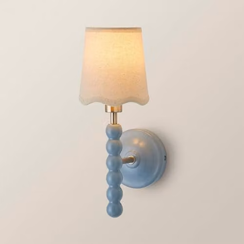 ValueLights Bobbins Pastel Bobble Wall Light in Blue with Natural Linen Trim Shade, H 34.5 cm x W 16.0 cm x D 12.0 cm