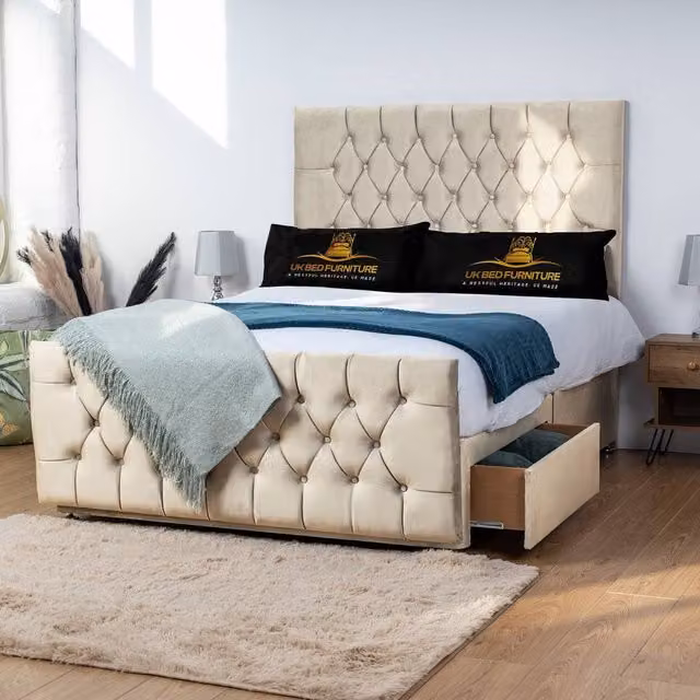 UK Bed Furniture Jubilee Divan Bed with 2 Drawers and 26 Inch Headboard in Beige, Super King, W: 200 cm, D: 200 cm