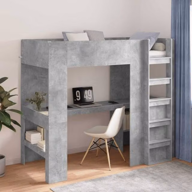 Berkfield Home Loft Bed Frame with Desk and Storage in Concrete Grey, W/D/H: 190 x 90 x 175 cm