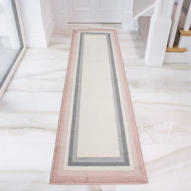 The Rug House Modern Bordered Living Room Rug in Pink, W: 240 cm, D: 60 cm