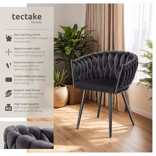 tectake Set of 6 Astano Dining Chairs in Black Velvet with Metal Legs and Knot Design – 4
