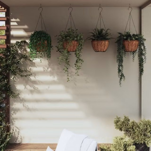 Berkfield Home Set of 4 Black Steel Hanging Planters with Coco Liners, W: 40 cm, H: 63 cm