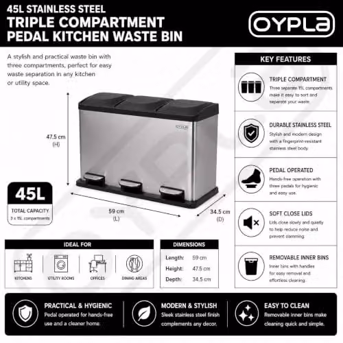 Oypla 45L Stainless Steel Triple Compartment Recycling Pedal Bin in Silver – 5