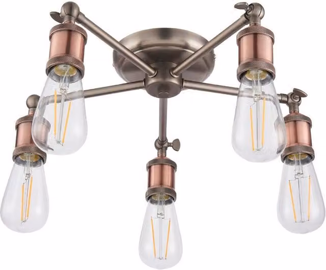 Loops Adjustable 5 Lamp Semi Flush Ceiling Light in Copper Metal with Glass Cylinders