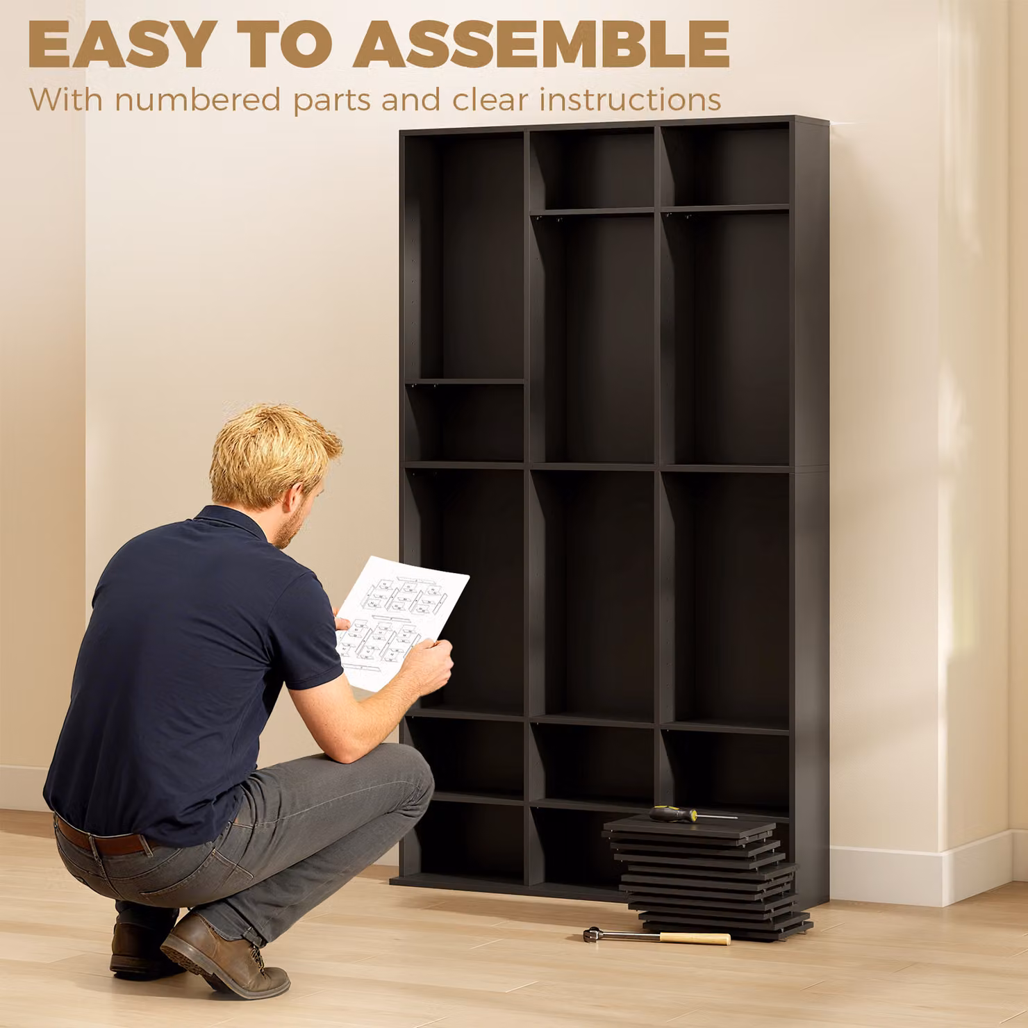 HOMCOM Black Media Storage Unit with 27 Compartments and 21 Adjustable Shelves, H: 175.0 cm, W: 100.0 cm, D: 33.6 cm – 6