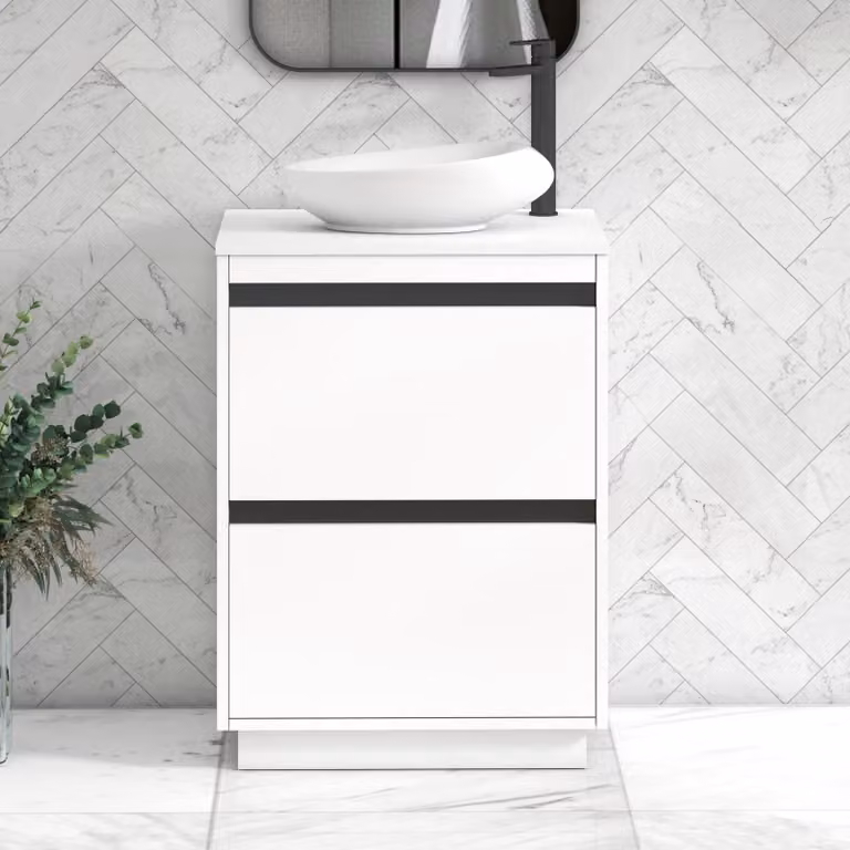 Royal Bathrooms Orion 600mm Matt White Floor Standing 2 Drawer Vanity Unit with Nova Basin and Black Accent Trim