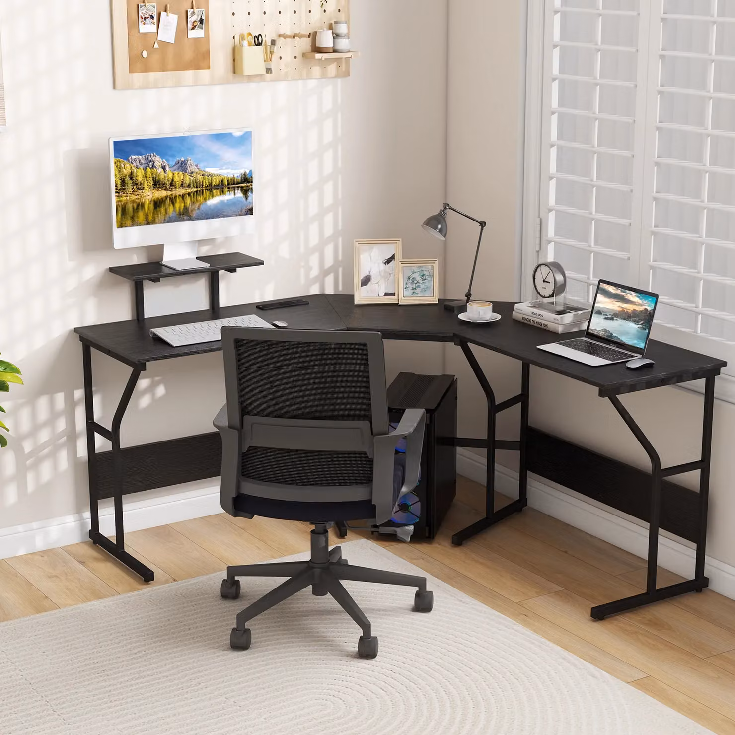 Costway L-Shaped Corner Computer Desk with Monitor Stand in Black – 3