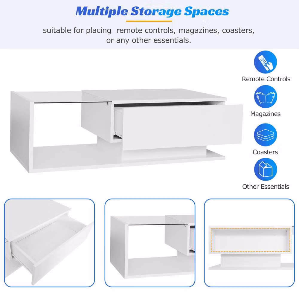 Matteo Modern High Gloss LED Coffee Table with Glass Top and Drawer, White, W/D/H: 50 x 50 x 32 cm – 3