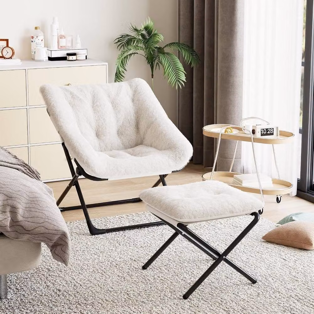 London Boutique Off-White Bouclé Folding Saucer Lounge Chair with Ottoman and Metal Frame – 5