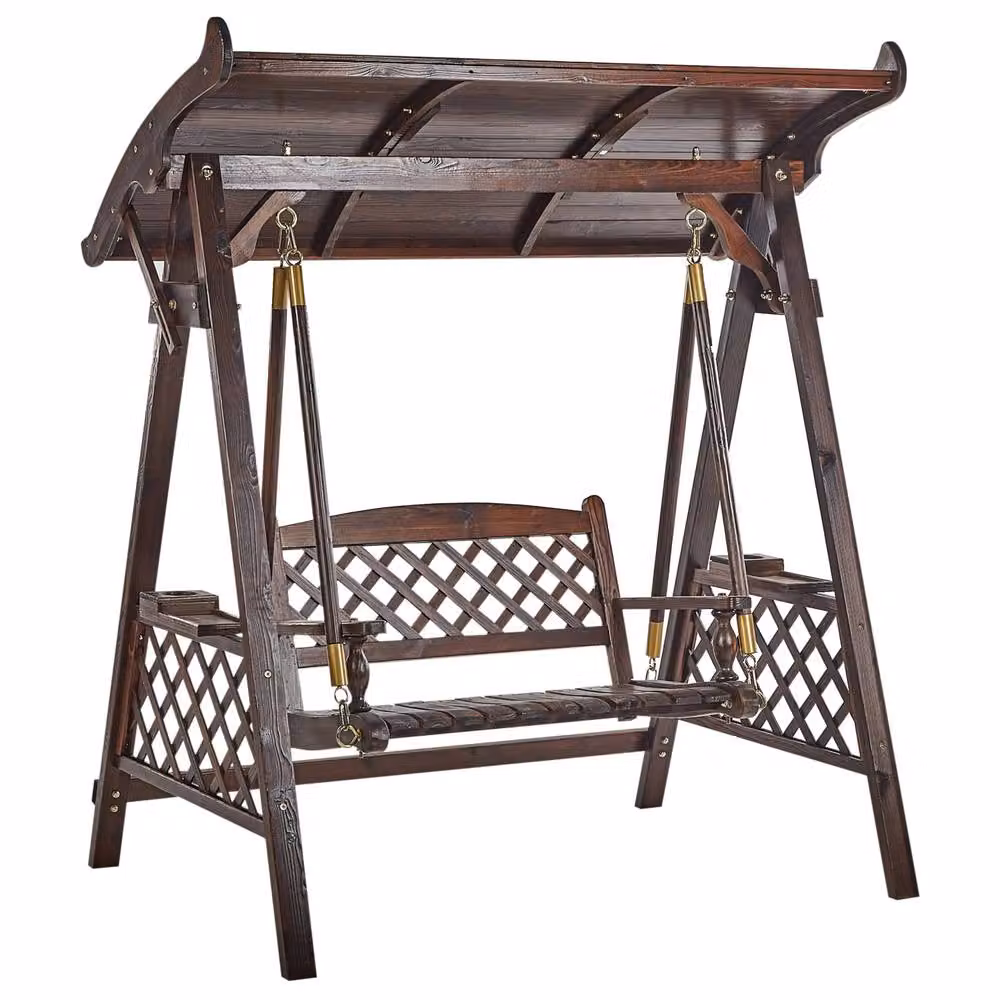Wyld and Coco 2-Seater Spruce Wood Garden Swing Canopy with Sun Canopy and Side Tray in Rustic Brown – 4