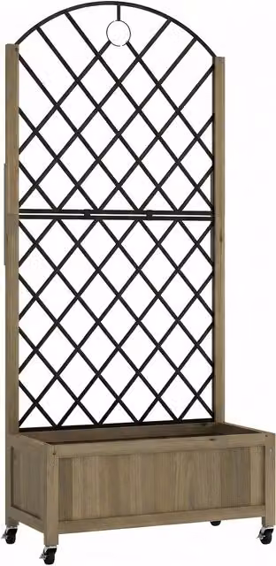 Outsunny Brown Carbonised Wood Raised Garden Bed with Metal Trellis and Lockable Wheels – 1