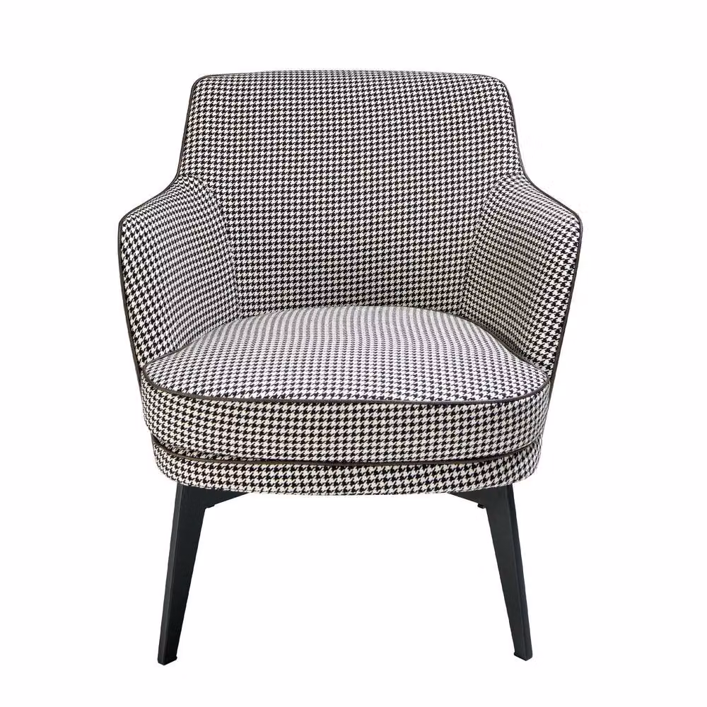 Angel Cerda Modern Tub Armchair in Black, White and Brown Houndstooth Fabric and Synthetic Leather with Metal Frame – 2
