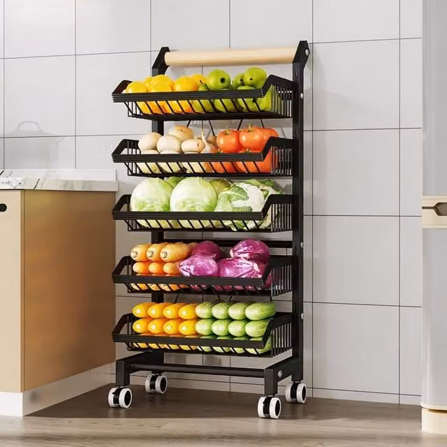 London Boutique 3-Tier Carbon Steel Kitchen Trolley Rolling Vegetable Rack in Black, Height: 69 cm