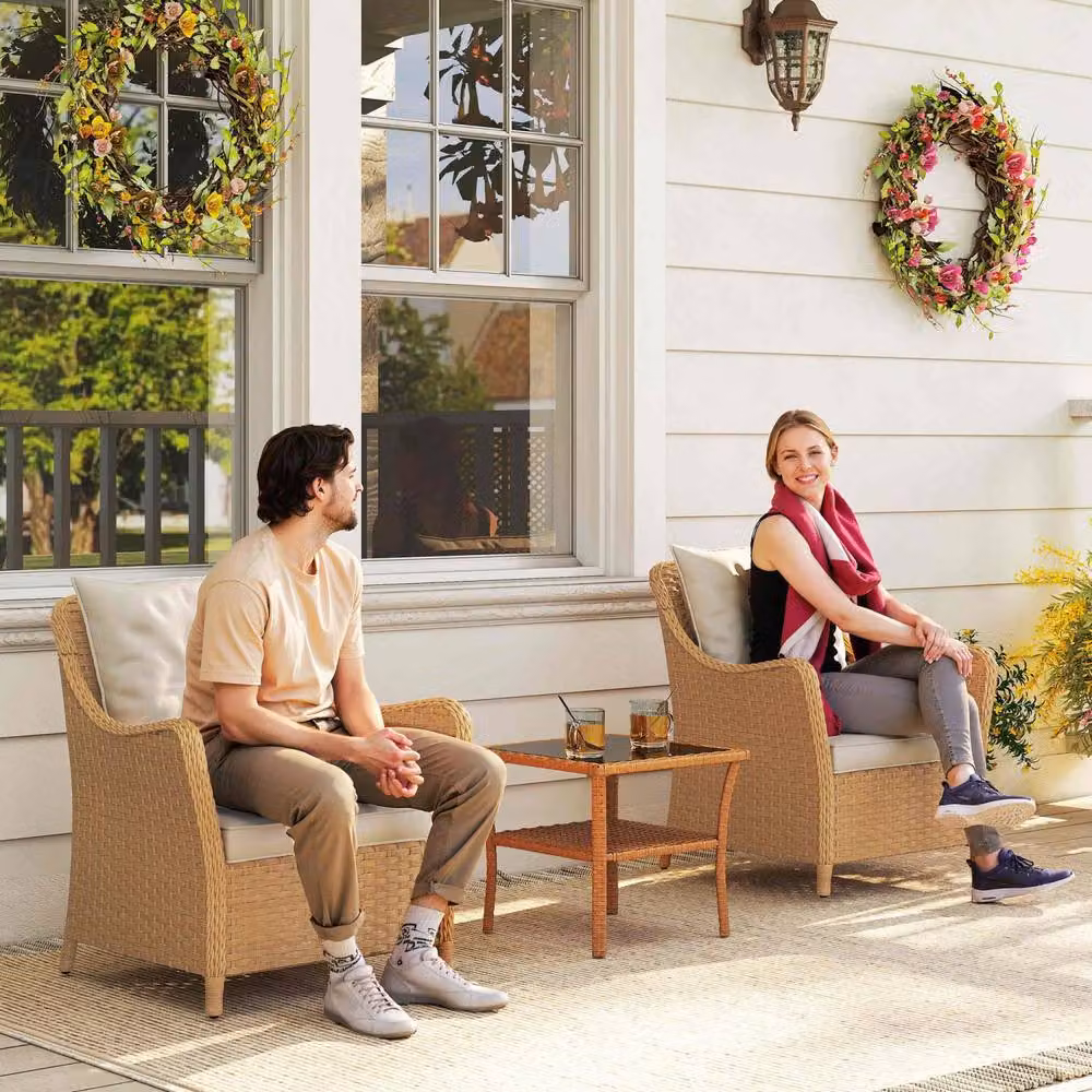 Wyld Haus Rera Beige Rattan Outdoor Armchairs with High Back and Cushions, Set of 2 – 3