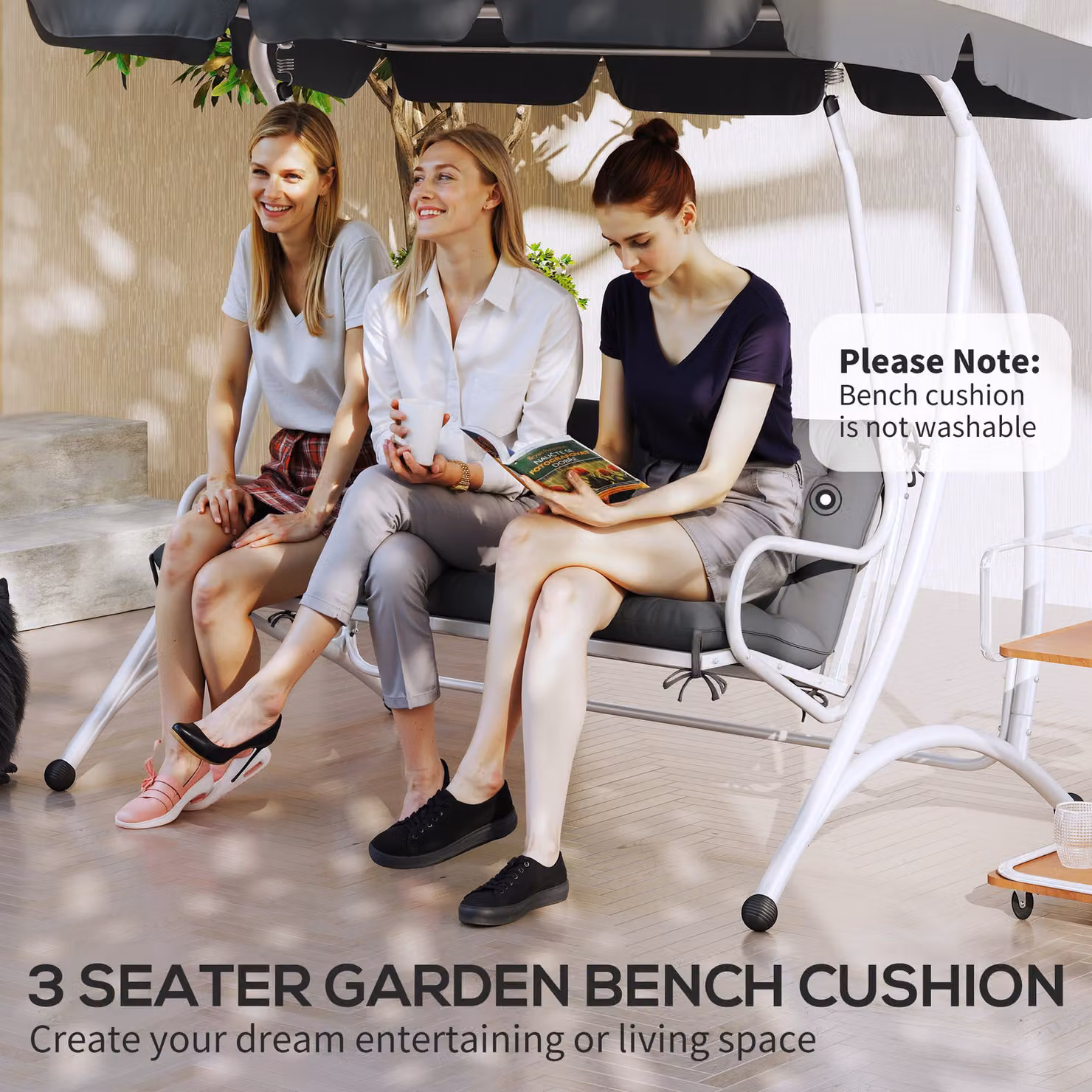 Outsunny 3 Seater Outdoor Bench Cushion with Back and Ties, Dark Grey, W: 150 cm, H: 98 cm – 6