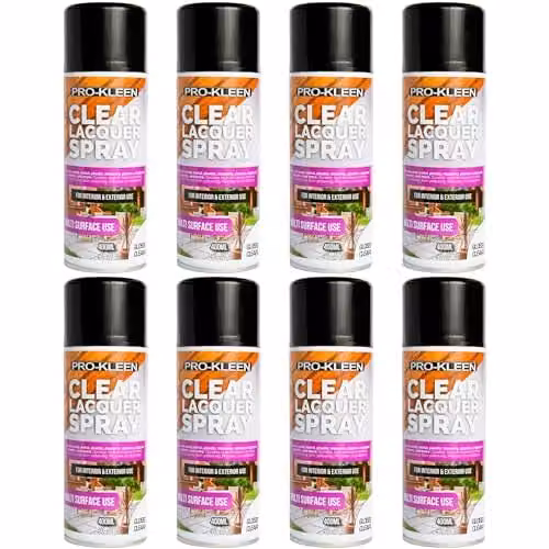 Pro-Kleen Clear Gloss Lacquer Spray, 8 x 400ml, Weatherproof and Scratch Resistant Synthetic Resin Formula for Interior and Exterior Surfaces