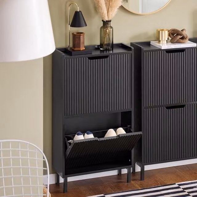 SoBuy Modern Black Matt Narrow Shoe Cabinet with Tilting Compartments and Open Shelving for Hallways