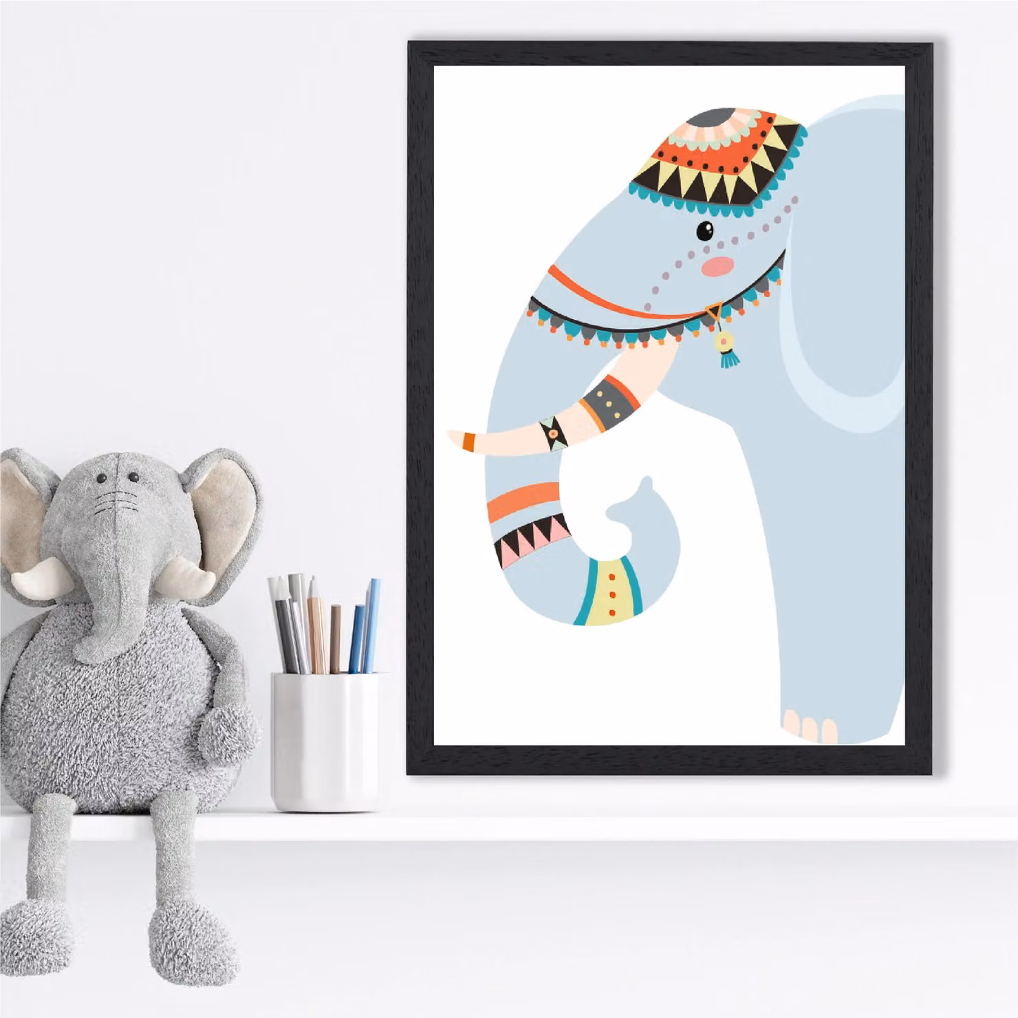 ARTZE Peeking Elephant Tribal Animal Framed Print in Pale Blue and Black, A4 – 2
