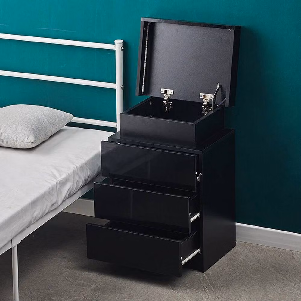 Kelvenix Modern Black High Gloss Bedside Table with Integrated LED Lighting and 3 Drawers – 4
