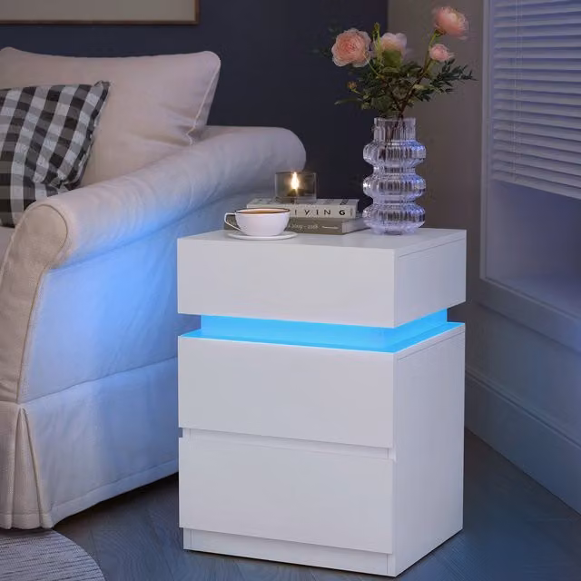 VASAGLE Modern White Bedside Table with Integrated LED Lights and 3 Drawers