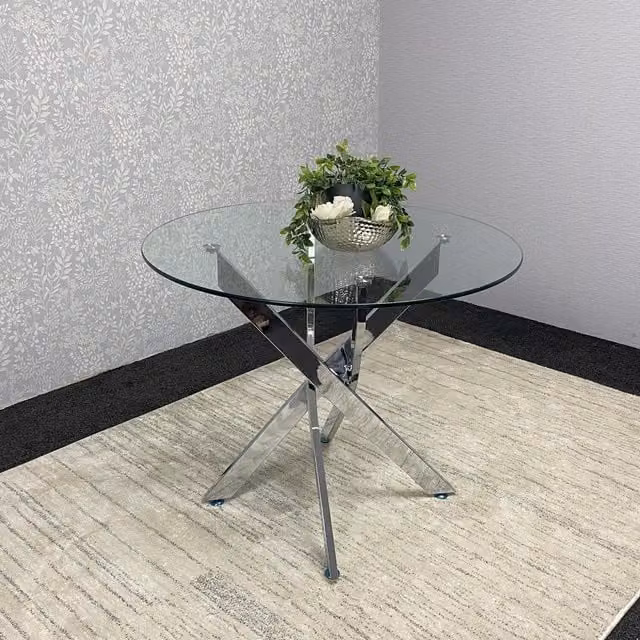 Kosy Koala Modern Round Transparent Glass Dining Table with Silver Metal Legs, Diameter: 75 cm