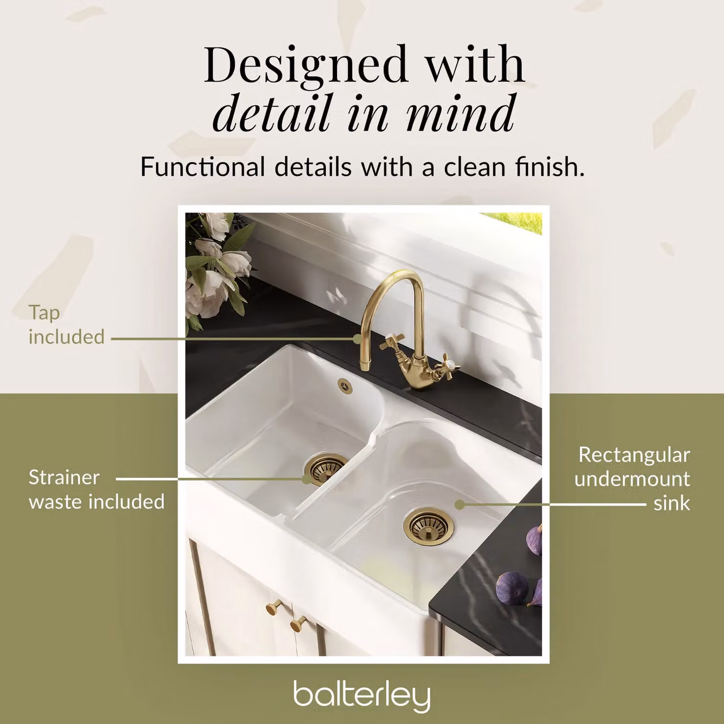 Balterley White Ceramic Double Bowl Butler Sink with Brushed Brass Crosshead Mixer Tap and Wastes, W: 79.5 cm – 4
