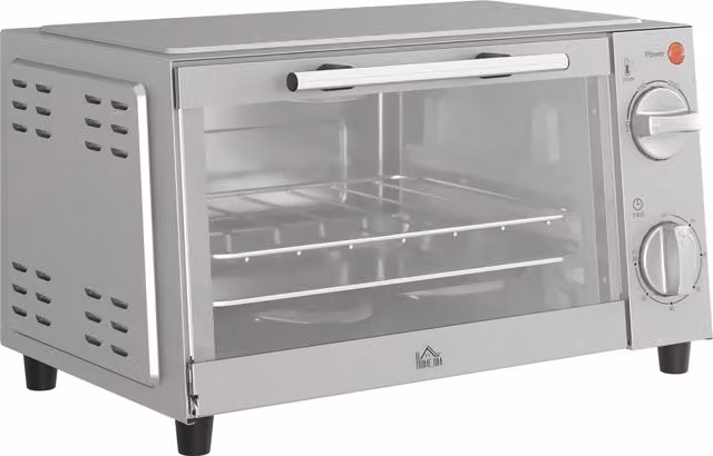 HOMCOM 9L Mini Countertop Electric Grill and Toaster Oven with Adjustable Temperature, Timer and 750W Power in Silver – 1