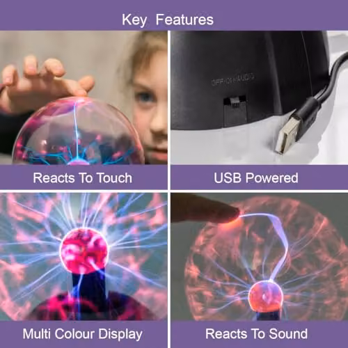 Global Gizmos 48929 5 Inch Mega Plasma Ball Night Light with Touch and Sound Activation, Multicoloured Lightning Display, USB Powered, Black – 2