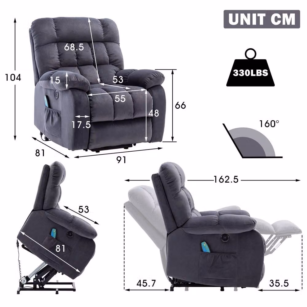 Rolipo Grey Fabric Electric Power Lift Recliner with Massage and Heat – 2