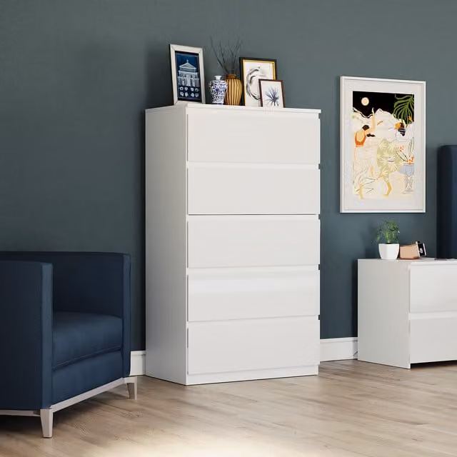 Vida Designs Glinton 5 Drawer Chest in White Glossy Finish