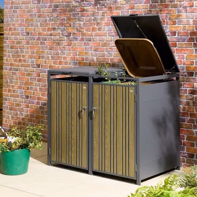 Rowlinson Wimbledon Double Bin Store in Dark Grey Steel, W: 132.5 cm, D: 81 cm, H: 116.5 cm