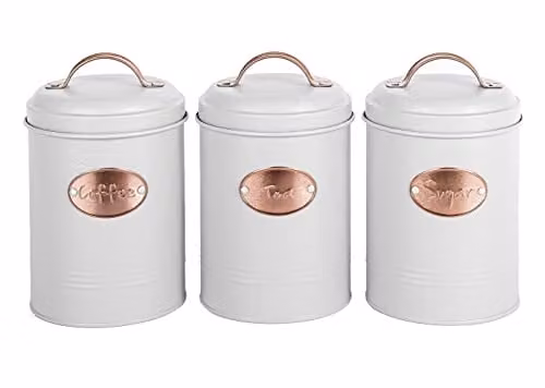 Novel Solutions Retro Round Tea, Sugar and Coffee Canister Set, 3 Piece Grey Metal Airtight Food Storage Tins – 1