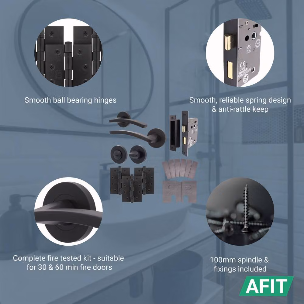 AFIT Matt Black Aluminium Fire Door Handle and Bathroom Set with Hinges and Lock, 2 Pack, Size: 150 x 150 mm – 3