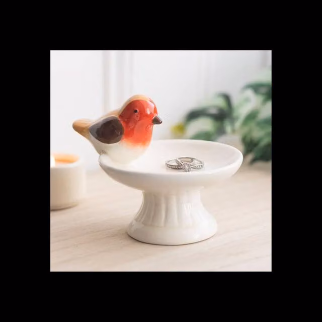 KDMD White Ceramic Robin Bird Bath Trinket Dish and Keepsake Bowl