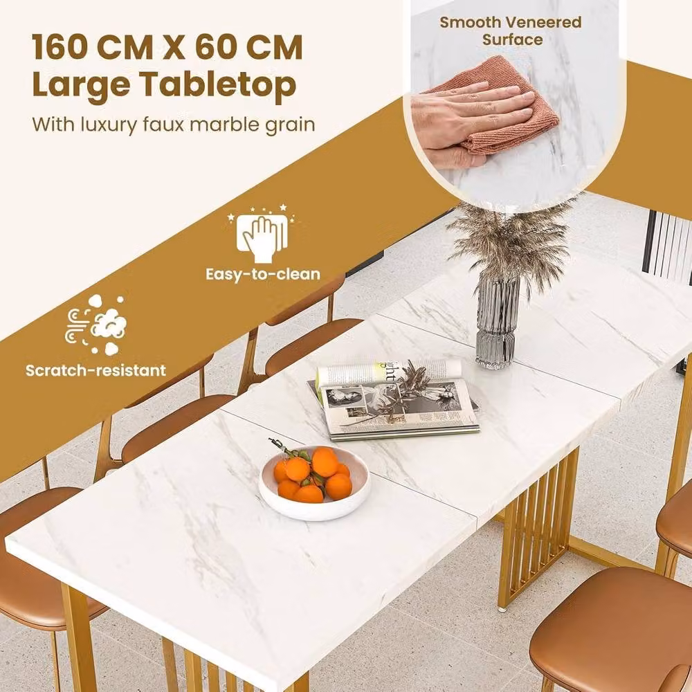 Gymax Modern Rectangular Dining Table with White Faux Marble Top and Gold Metal Legs, Seats 6-8 People – 3