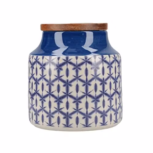 Mikasa Drift Blue Ceramic Airtight Storage Canister with Wooden Lid, 900ml, W/D/H: 12.5 x 12.5 x 12.5 cm – 1