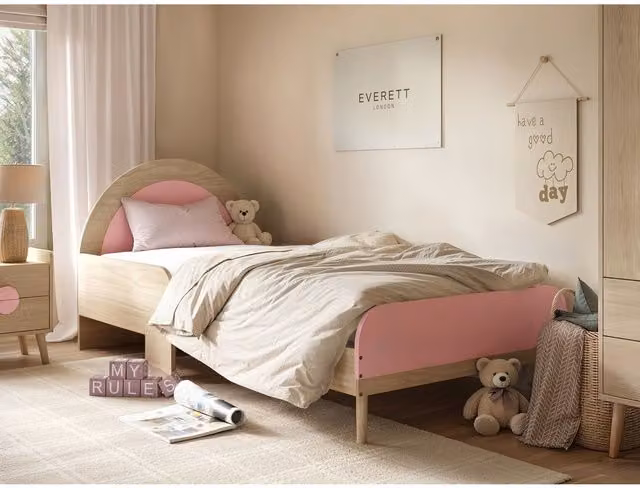 Flair Noah Single Curved Headboard Bed in Oak and Pink, W/D/H: 90 x 190 cm – 1